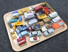 A tray containing mid 20th century play-worn die cast vehicles, Corgi,