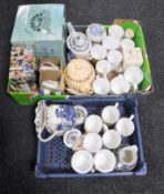 A box and a basket containing boxed and unboxed Ringtons china