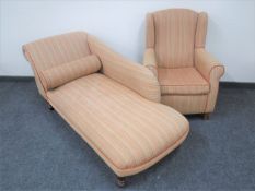 A contemporary chaise longue and matching armchair upholstered in a striped fabric