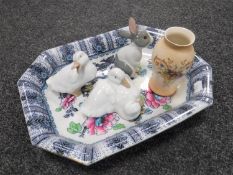 A Lossol ware floral patterned bowl together with three Nao figures and a Crown Ducal vase