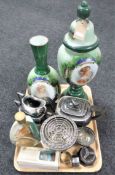 Two Victorian glass hand painted vases, a three piece Walker and Hall plated tea service,