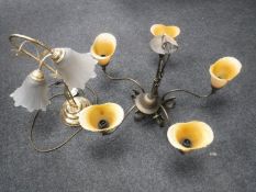 A contemporary metal five way light fitting with Deco style shades and brass two-way table lamp