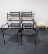 Four metal patio armchairs and a metal dressing table stool with cushion