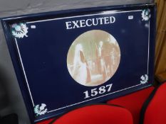 An enamel metal sign depicting Mary Queen of Scots,