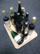 A tray containing ten assorted bottles of alcohol and wines