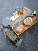 A tray of antique and later brass, copper, Spelter lady figure,