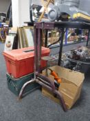 Two tool boxes containing hand tools and a box of power tools, site lights,