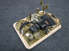 A tray of weights, vintage tin of compact, vintage keys, brass ware,