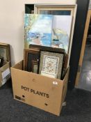 A framed oil on canvas of an orchestra, unframed oils, silk work panel,