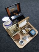 A tray of assorted jewellery boxes, costume jewellery, Queen Elizabeth Coronation medal, crowns,