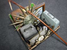 Two boxes of Metamec battery operated clock, scales, dressing table set, character jugs, metal ware,
