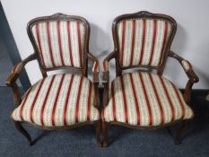 A pair of French salon armchairs in striped print