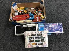 A box containing mid 20th century and later die cast vehicles including a boxed radio control BMW