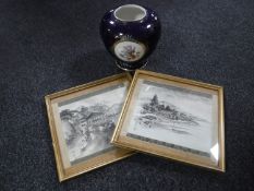 A continental blue and gilt porcelain vase together with two Chinese silkwork pictures