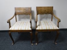 A pair of mahogany scroll arm armchairs upholstered with striped fabric