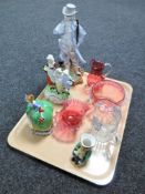 A tray of three pieces of cranberry glass, Senior Service glass water jug,