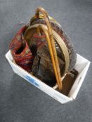 A box of two walking sticks, antique inlaid fret wall shelf (a/f), prayer rug,