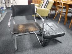 A mid 20th century tubular metal and leather armchair and a mid 20th century leather footstool