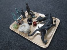 A tray of Chinese and Japanese pottery figures, cloisonne figure,