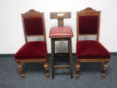 A pair of late Victorian dining chairs and an oak bar stool