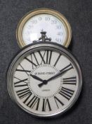 Two contemporary wall clocks (one in the form of a giant pocket watch)