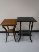 An inlaid occasional table and a painted oak two tier occasional table