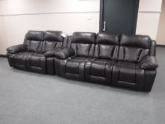 A brown leather three seater and two seater electric reclining settees