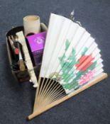 Two boxes of assorted china, unframed mirrors, vintage tennis racket,