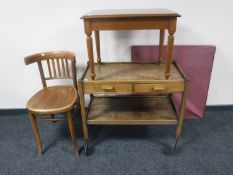 A two tier serving trolley, walnut occasional table,