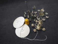 Four continental metal chandeliers and three metal light fittings
