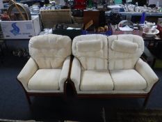 A two piece wood framed lounge suite