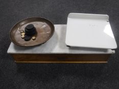 A set of antique inlaid mahogany marble topped scales