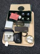 A tray of boxed Hermes quartz wrist watch, desk clock, Parker pens,