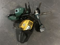 A McCulloch petrol hedge trimmer, a part chain saw, Makita 18 volt angle grinder,