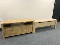A contemporary TV stand and a narrow storage coffee table