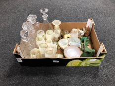 A box of onyx goblets, glass decanters,