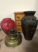 A pine three drawer miniature chest together with a Japanese vase,