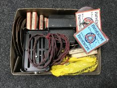 A box of vintage pathescope films and player, quantity of books.