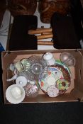 A box of tea china, glass, Royal Doulton vase,