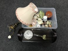 A box of china, contemporary clock,