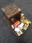 A vintage McVities tin containing a camp stove together with further vintage tins and boxes