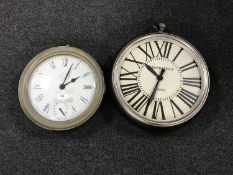 Two contemporary wall clocks (one in the form of a giant pocket watch)