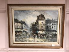 Continental school : figures in a street, oil on canvas, signed Lumb, framed.