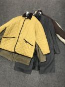 A Driza-bone coat together with further fleeces, black leather jacket, Gent's coat etc.