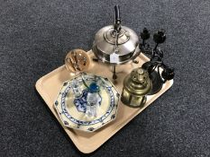 A tray of large glass paperweight, spirit kettle,