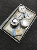 Three railway prints together with commemorative dishes of The Mallard,