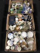 Three boxes of china, glass Ringtons ware,