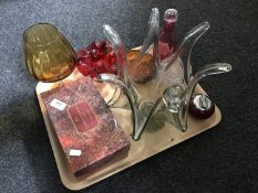 A tray of glass, coloured vases, table lighter,