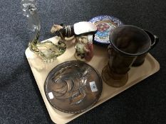 A mottled glass vase, ship plaque,