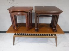 Two nests of mahogany tables and a low 1960's coffee table